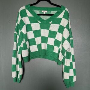 Better Be Green & White Checkerboard V-Neck Sweater